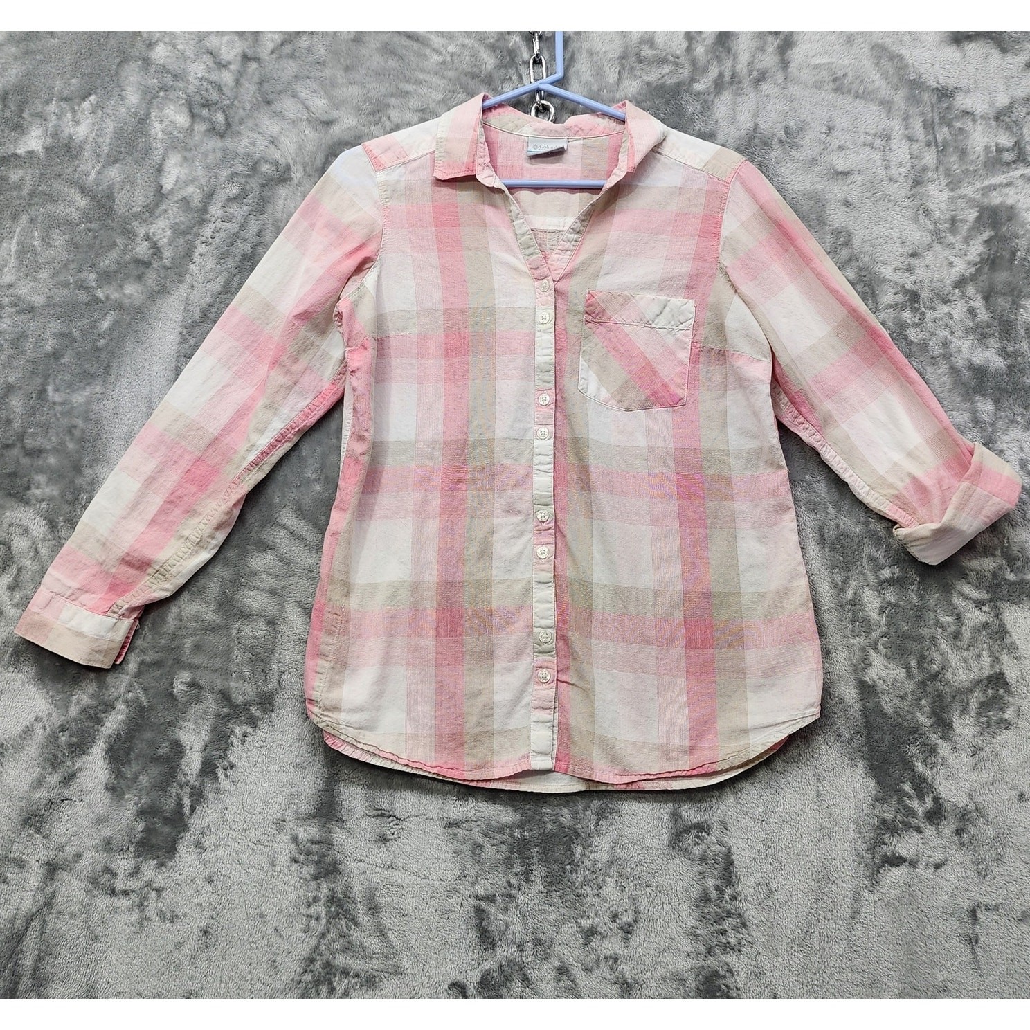Columbia Top Womens M Pink Plaid Long Sleeve Button Front Cotton Casual Preppy