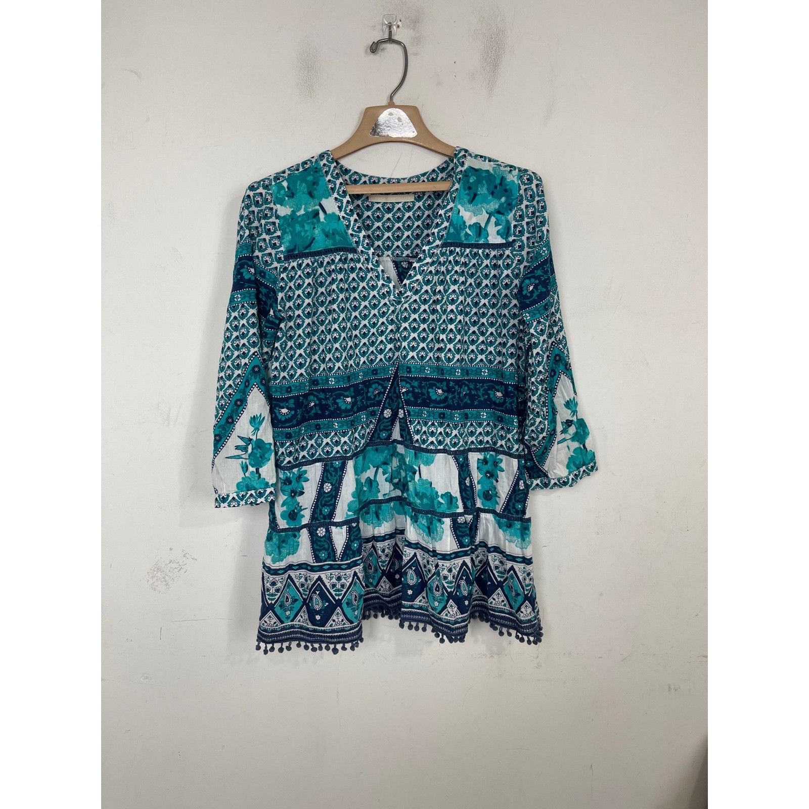 Lola Australia Womens Cotton Floral Geometric Pom Pom Trim Tunic Top Teal Blue