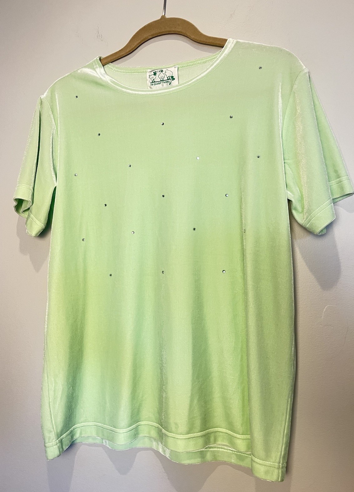 Vintage 1990s Quacker Factory Top Lime Color Velour Rhinestone XS Made in Macau
