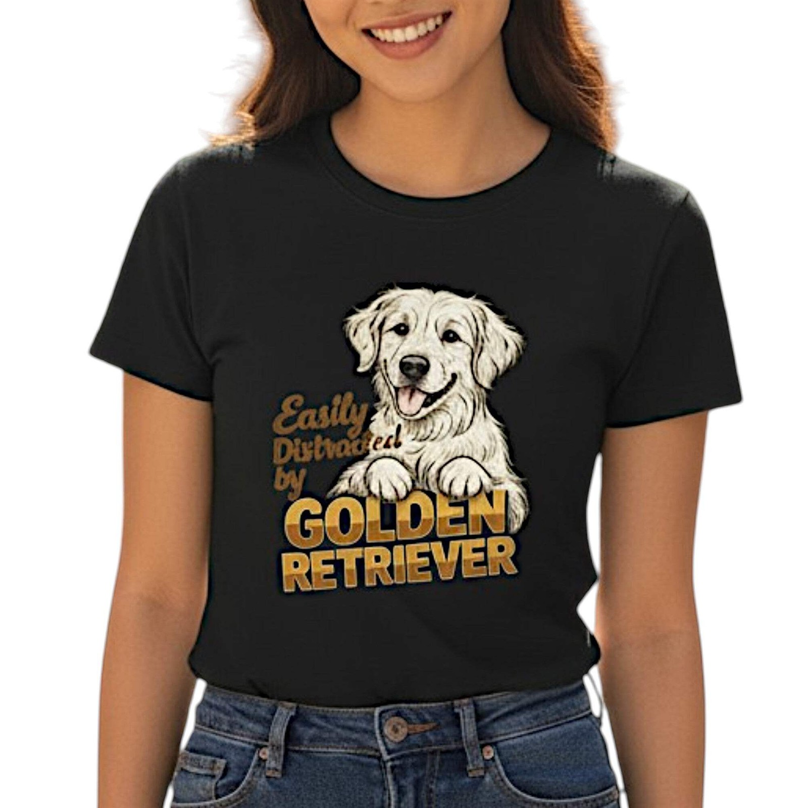 Easily Distracted By Golden Retriever Women Graphic T-Shirt Cotton Pet Lover Cas