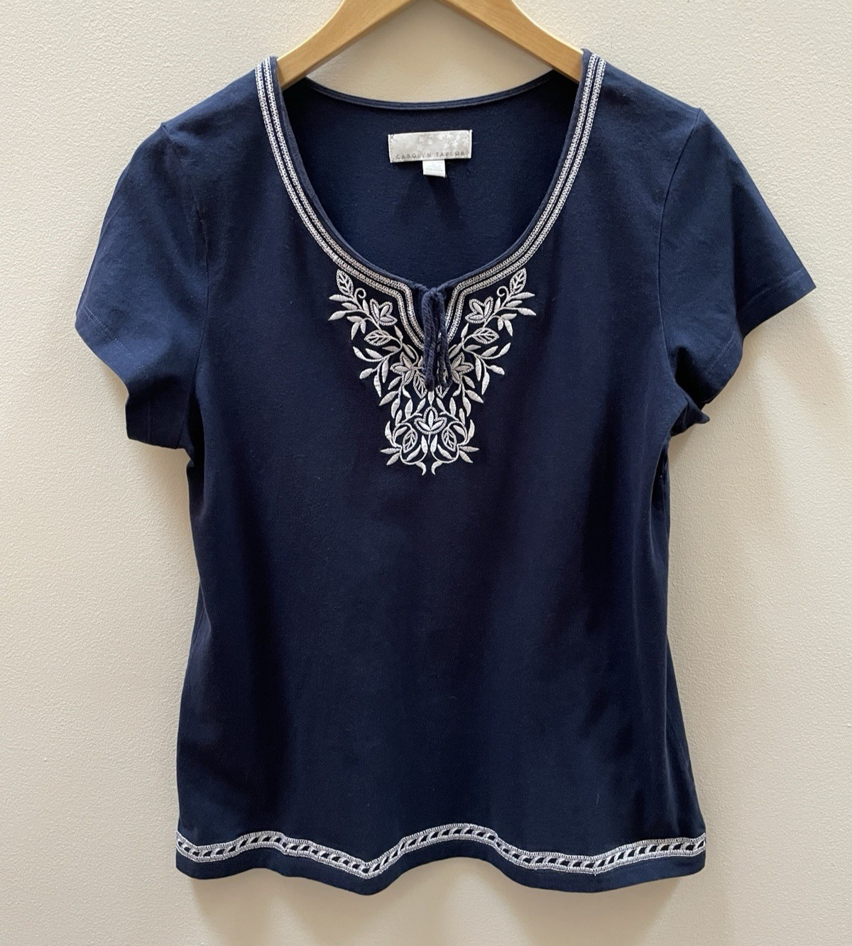 Carolyn Taylor Top Women Large Blue 100% Cotton Embroidered S/S Ties