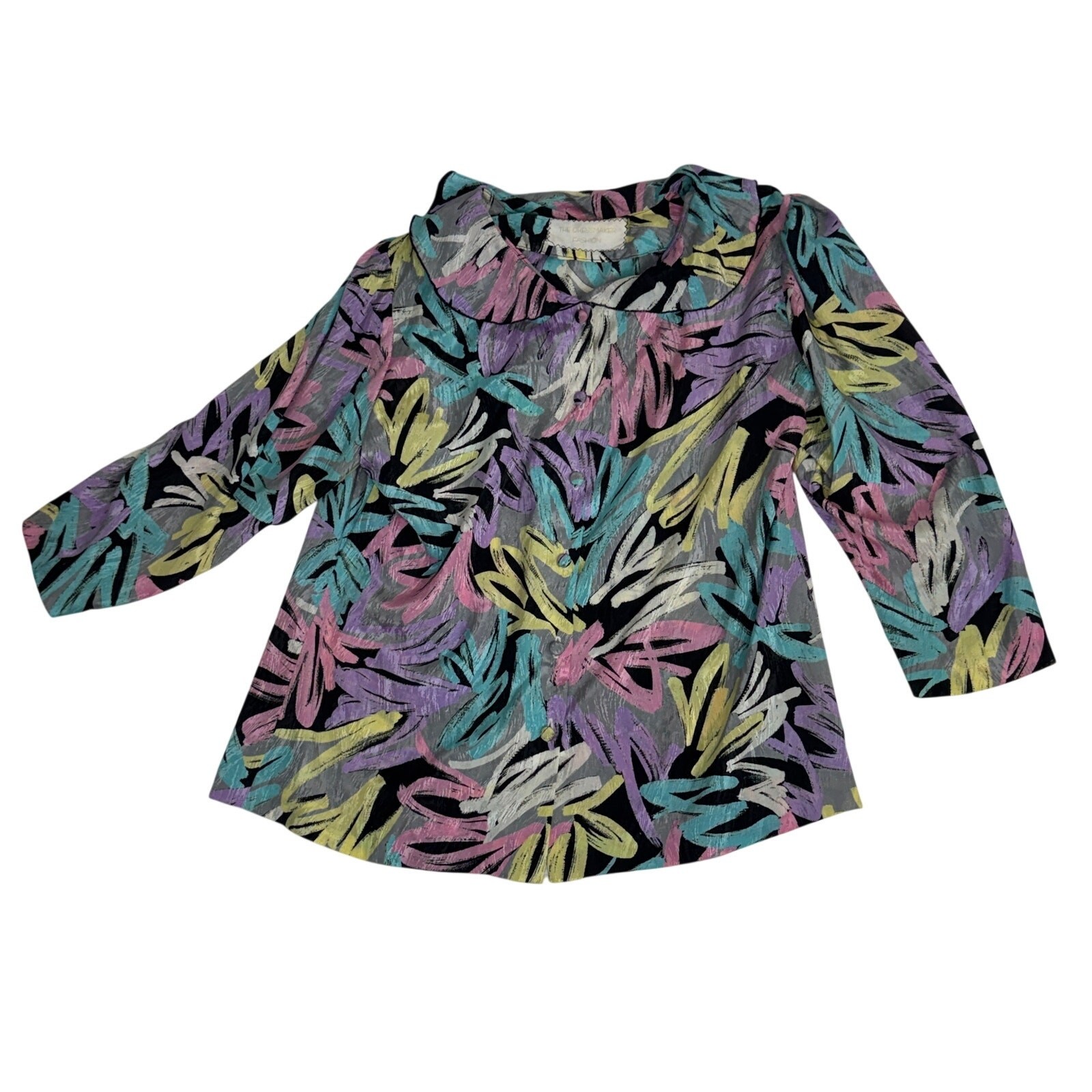 Vintage 80s Abstract Brushstroke Blouse Pastel Neon Print Retro Button Down Top