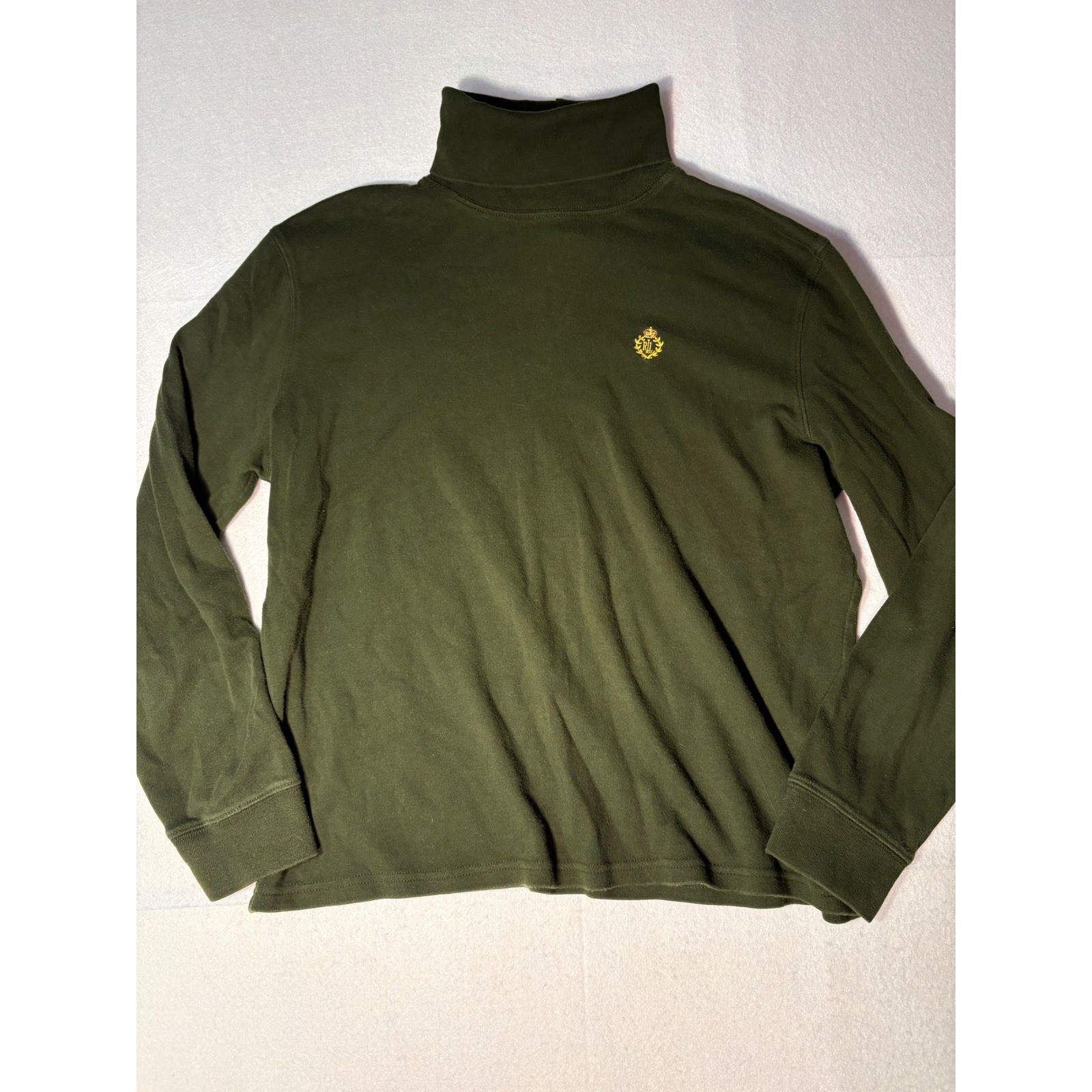 Lauren Ralph Lauren Olive Green Cotton Turtleneck Crest Logo Top Large