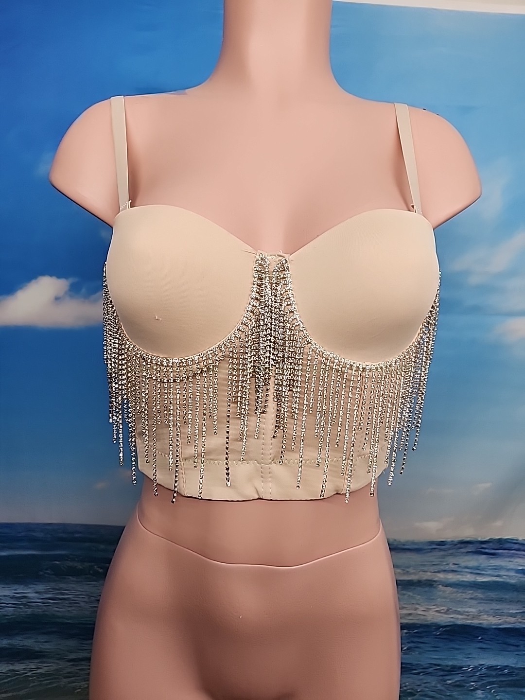 New Women’s Top Sparkly Bustier Crop Top Push Up Corset Bra Clubwear Beige 34/75