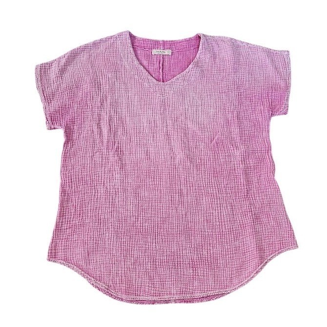 Jess & Jane Womens Large Pink Cotton Gauze V-Neck Textured Top Short Sleeve