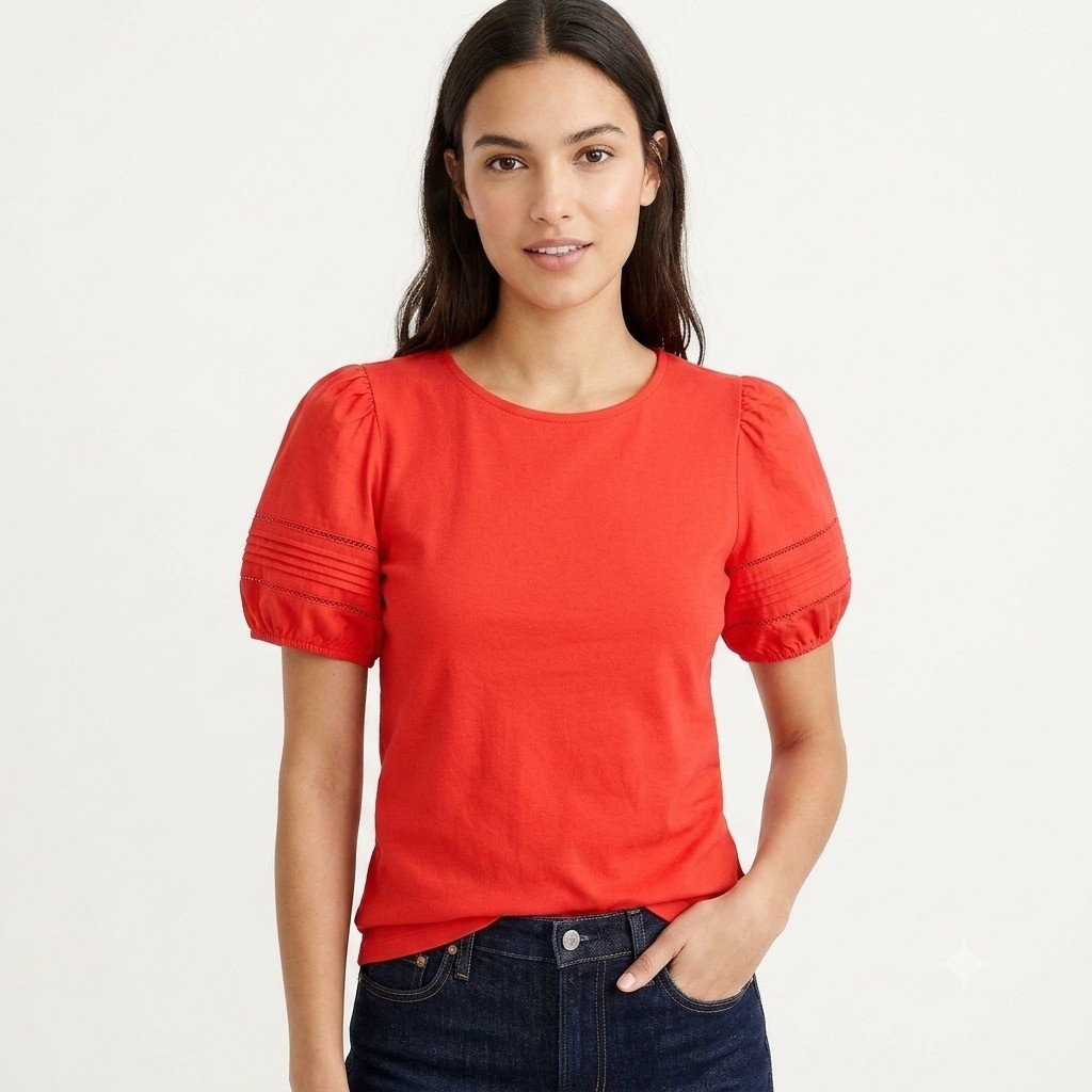 J Crew Shirt Womens Large Red Puff Sleeve Pintuck Ribbed Top CQ468 NWT