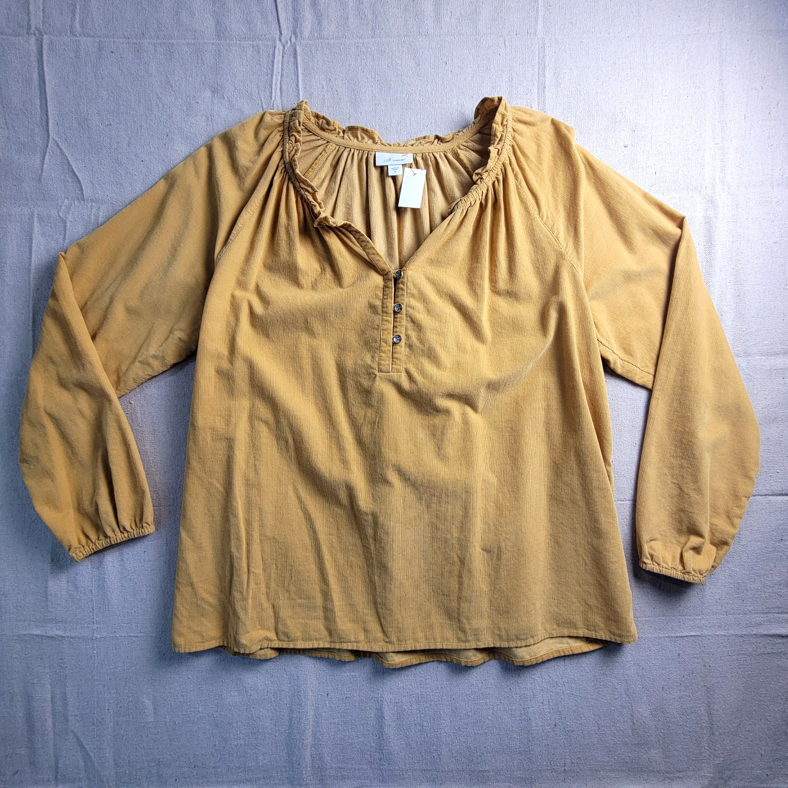 J Jill Corduroy Tunic Top Women’s Size M Yellow Long Sleeve Ruffled Neck Henley