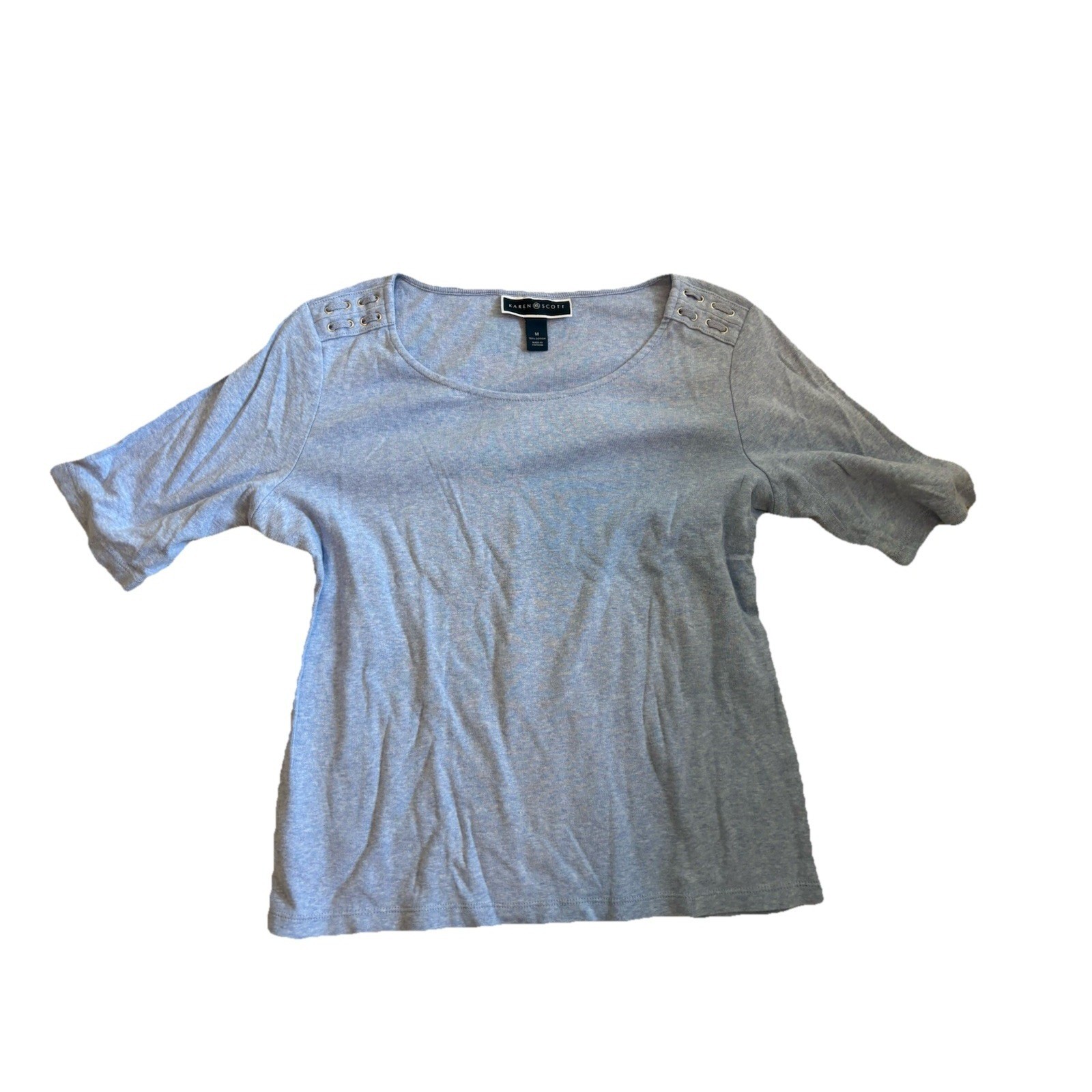 Karen Scott Light Blue Heathered Knit Top Cotton Lace-Up Shoulder Detail – M