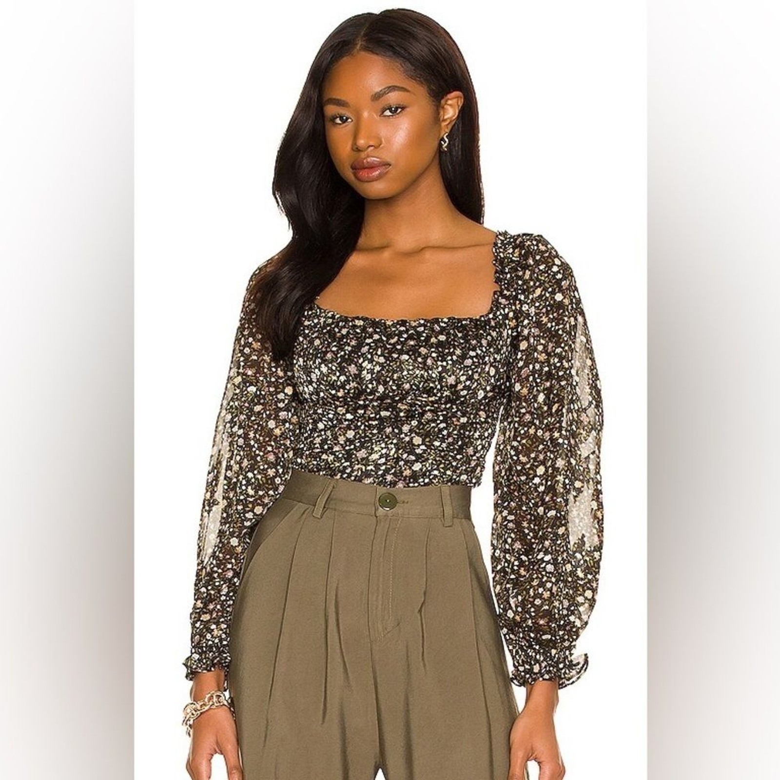 Astr Women’s Weston Floral Sheer Sleeve Top in Black and Pink Blush Ditsy XS