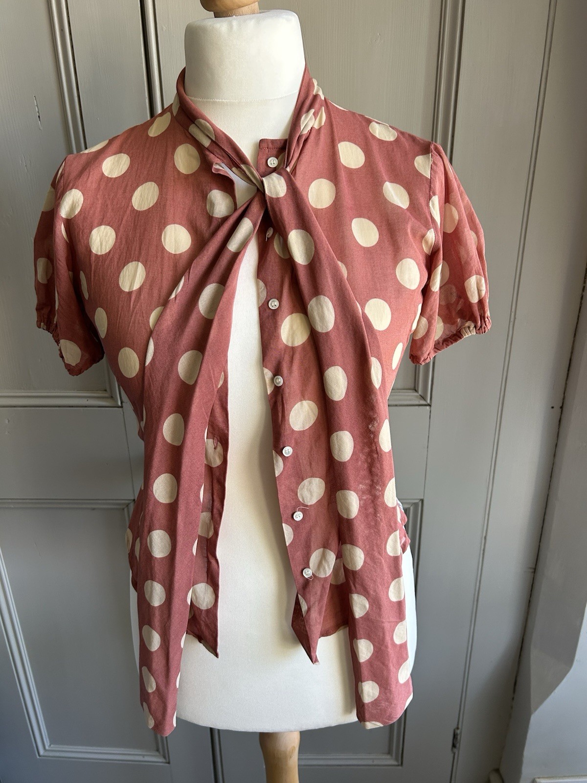 Paul Smith Rust Polka Dot Tie-Neck Cotton Blouse – Size IT 40 (UK 8)