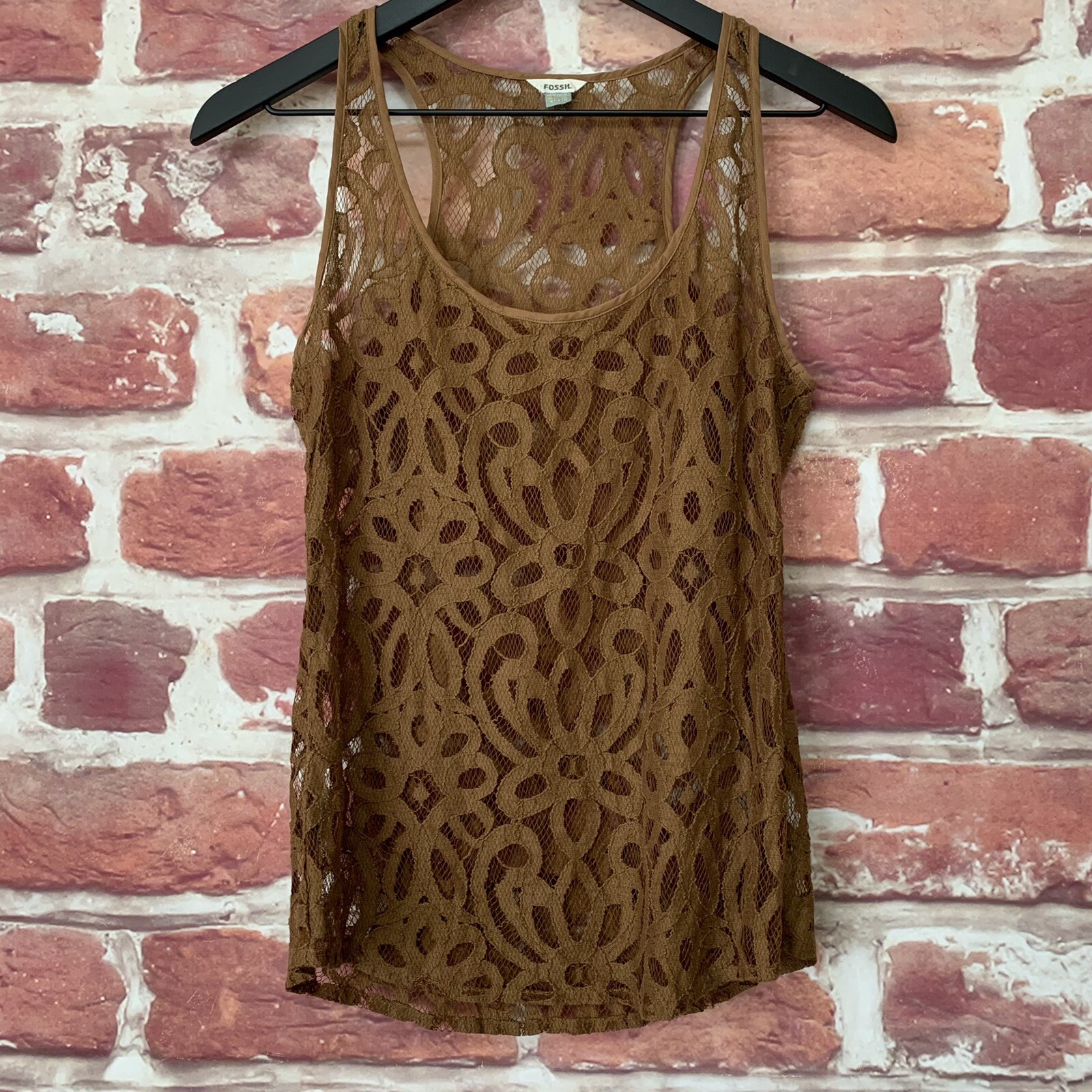 Fossil Top Shirt Womens XS Brown Embroidered Abstract Swirl Sheer Mesh Tank