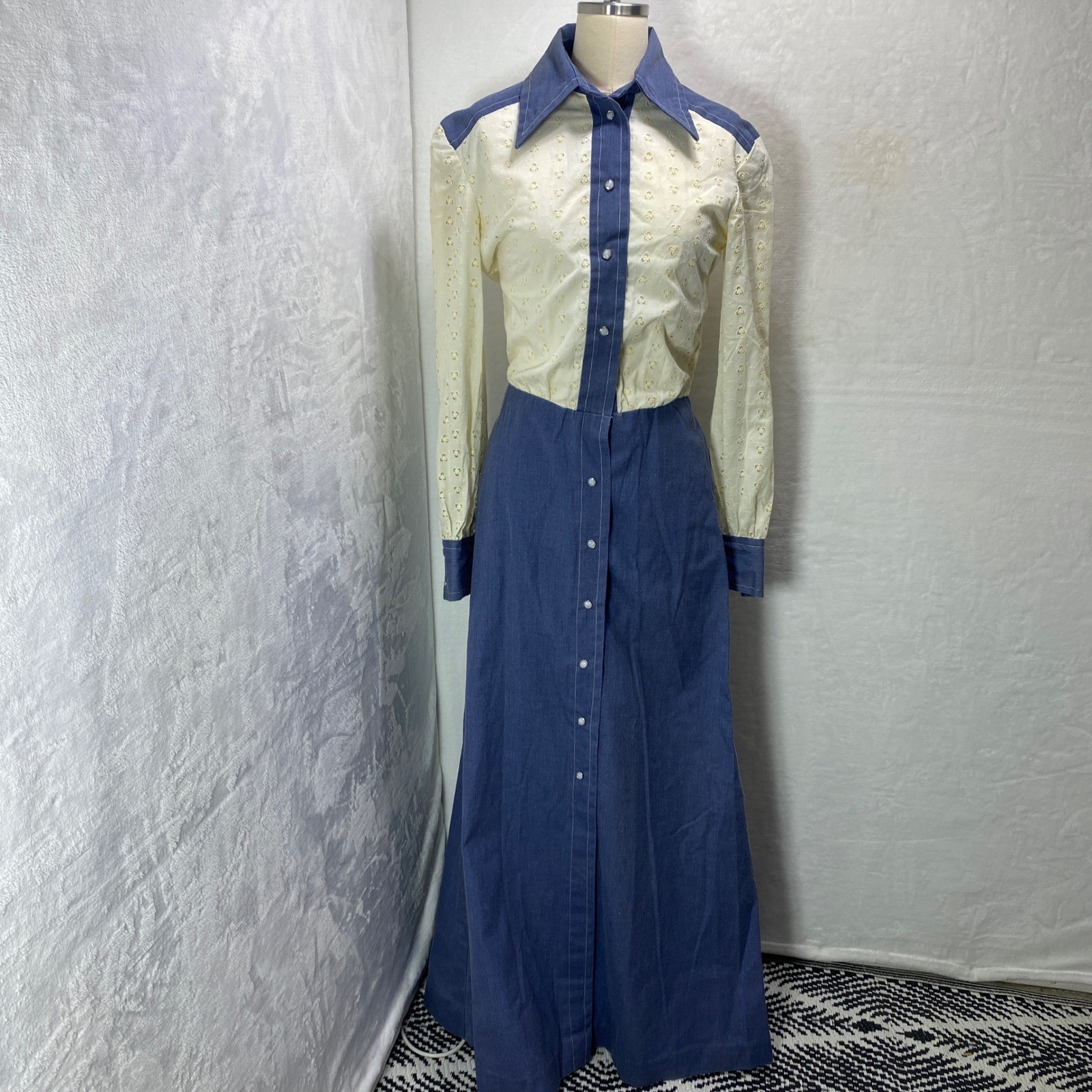 VTG Home Made Hand Made Western Style Denim Color & Eyelet Prairie Maxi Dress