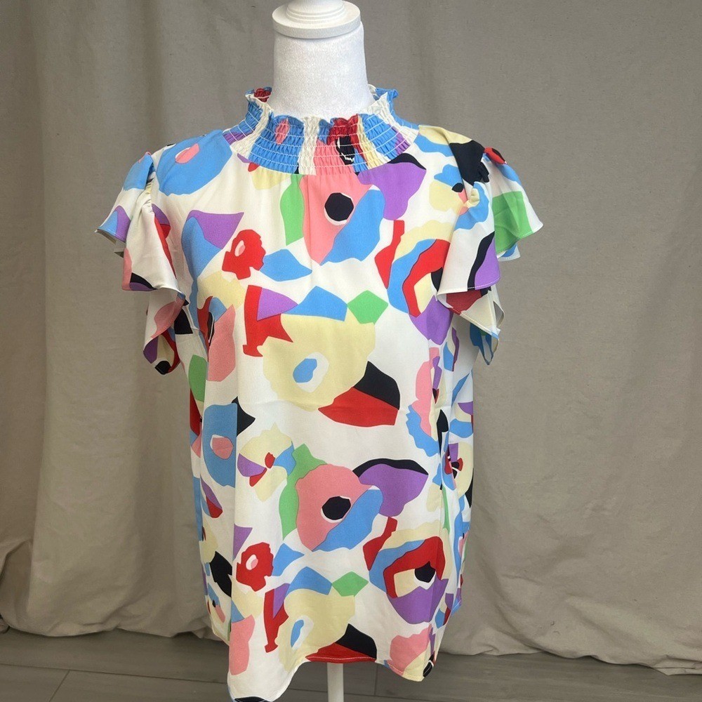 THML Colorful Smocked Mock Neck Ruffled Cap Abstract Print Blouse Sz M