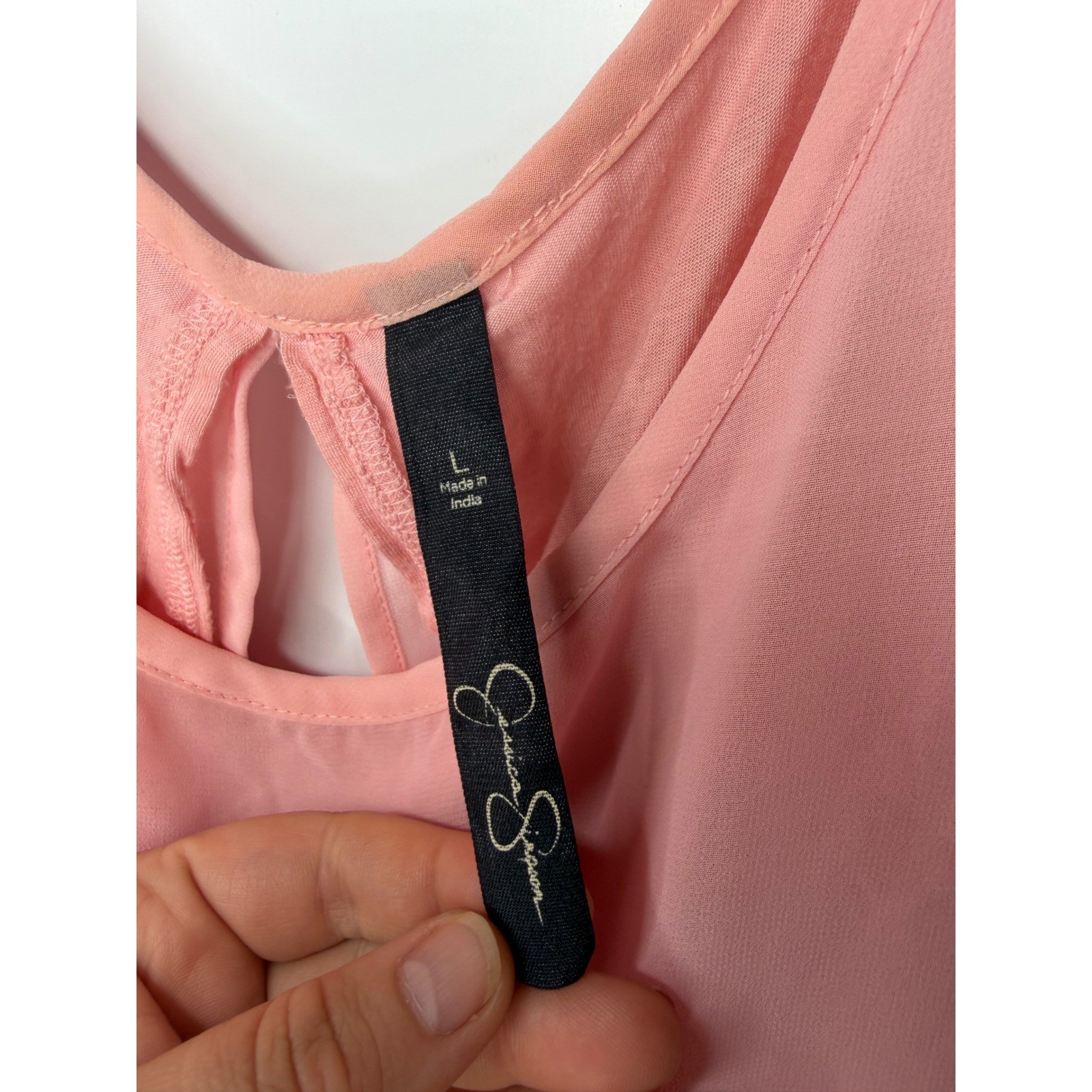 Peach Beaded Trim Chiffon Overlay Sleeveless Blouse Keyhole Back Top L