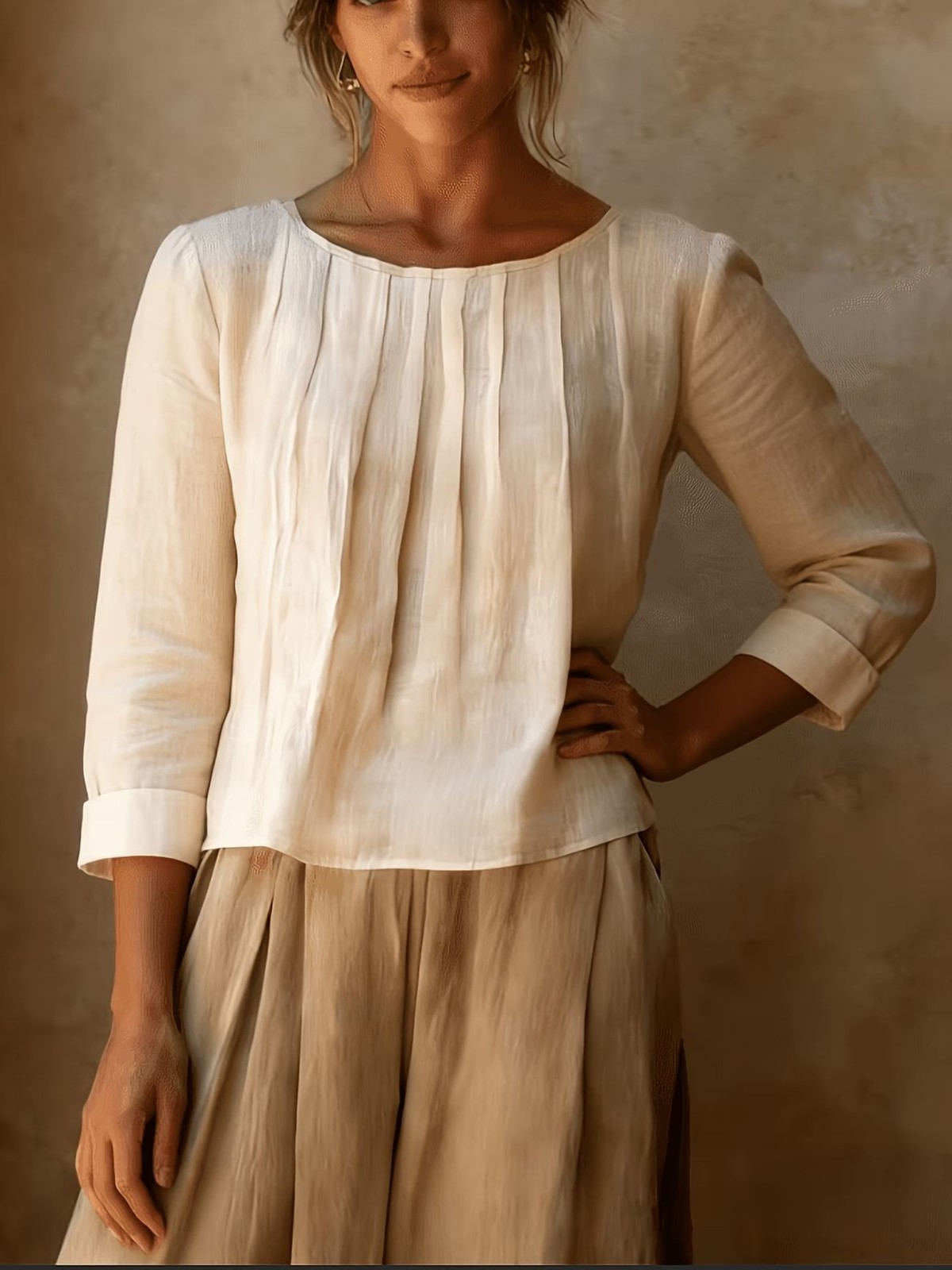 2026 summer casual women’s cotton and linen solid color pleated round neck top