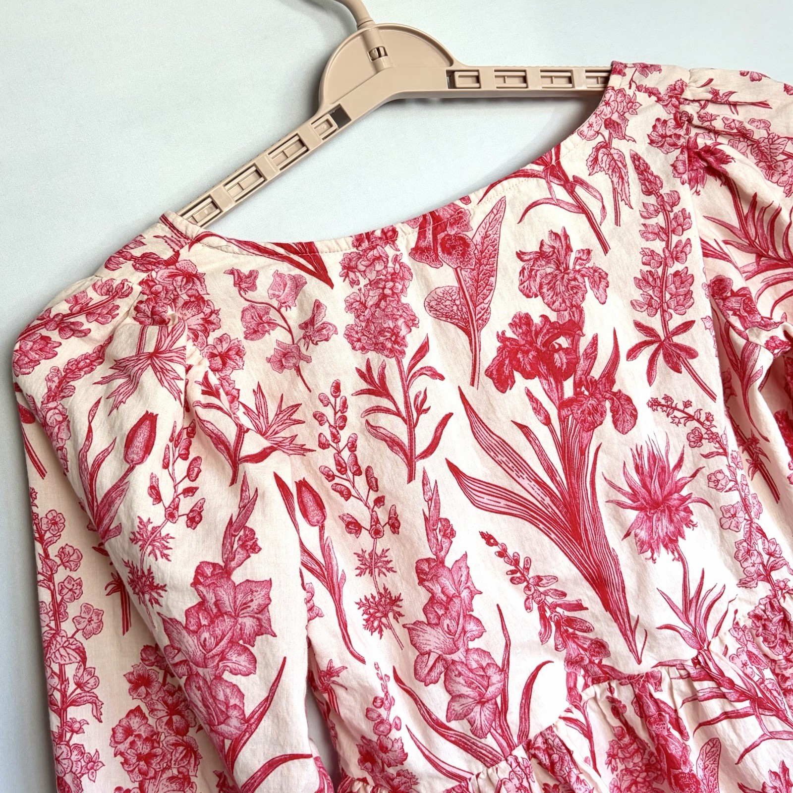 Victoria Dunn Floral Print LS Blouse XS Gathered Waist Square Neck Prairie EUC