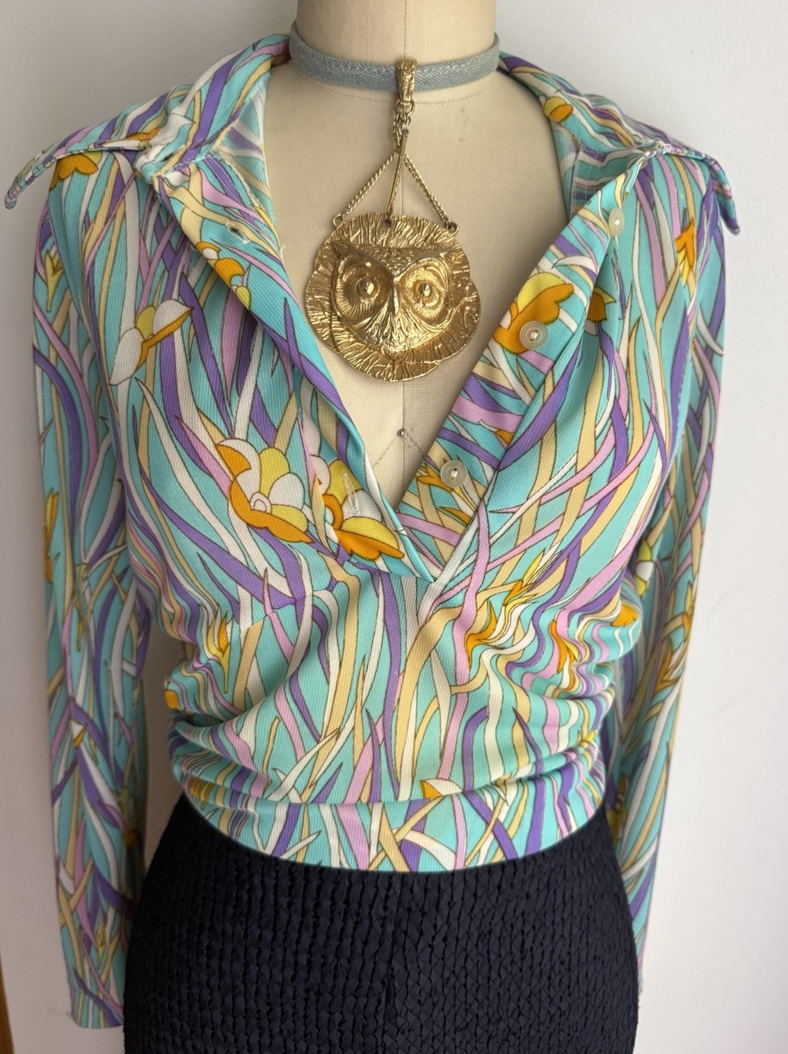 Vintage 70s Psychedelic Floral Blouse Aqua Purple Mod Long Sleeve Top Women’s M