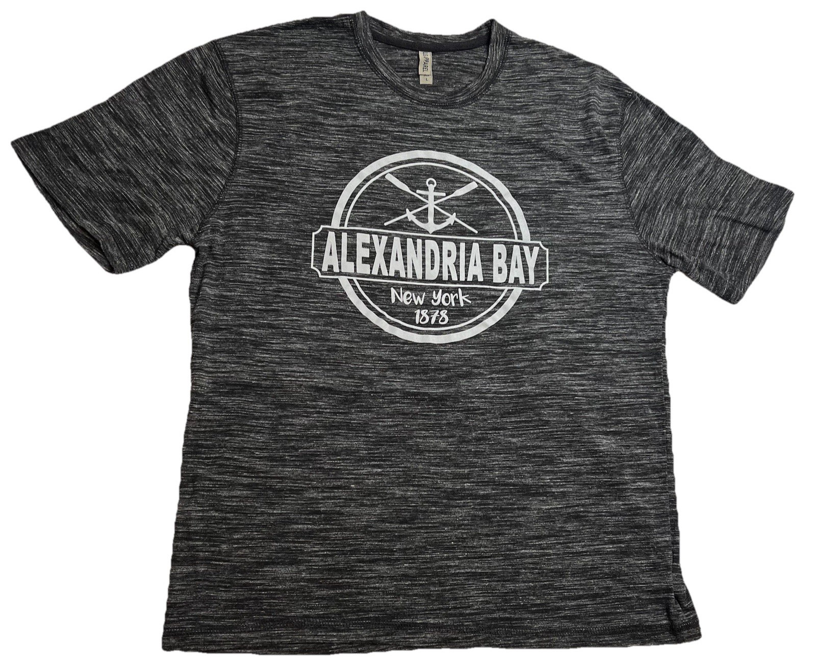 EUC Alexandria Bay NY 1878 striated black/white cotton/poly ss t-shirt, sz LRG