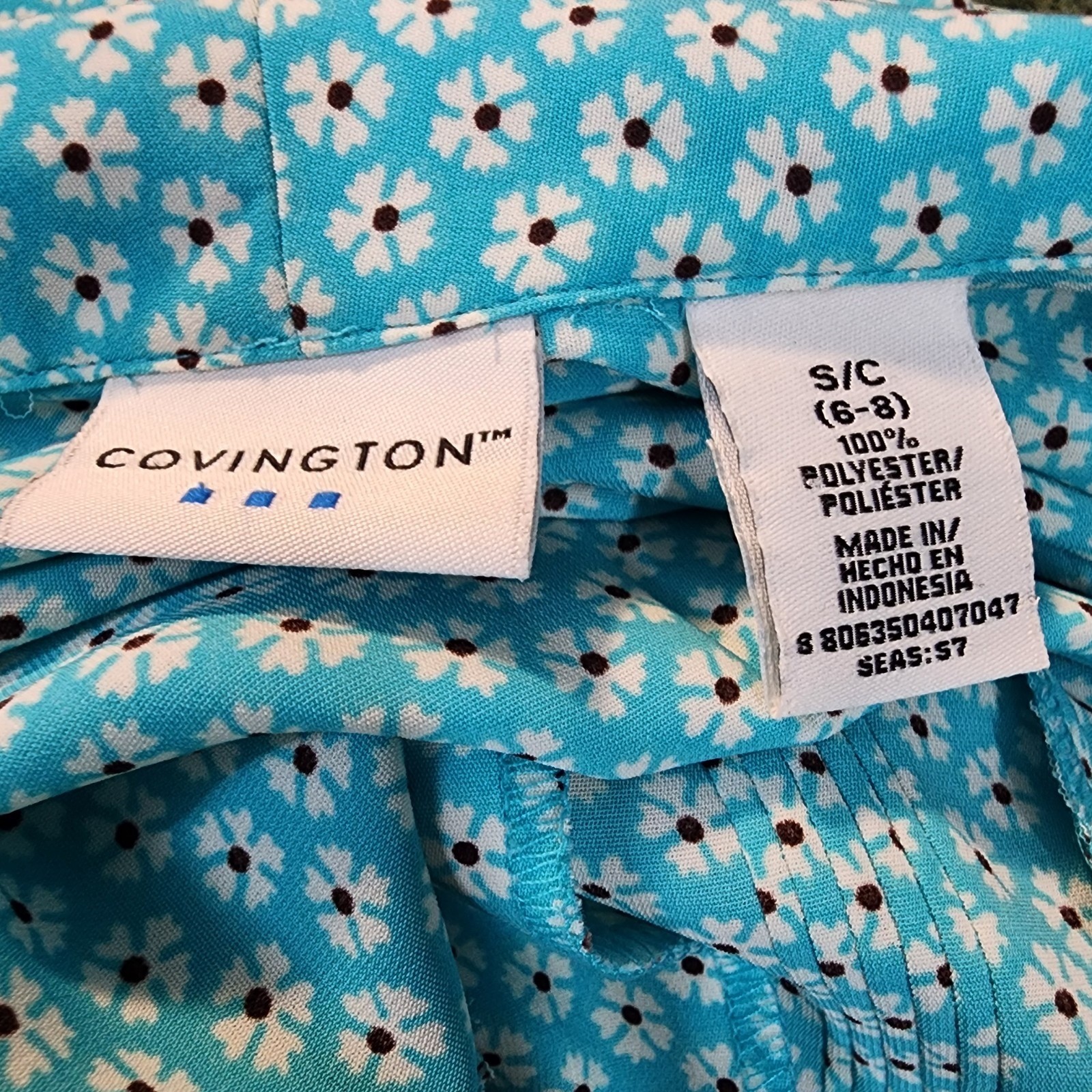 COVINGTON Size Small Turquoise Blue Ditsy Floral Pleated Shawl Collar Blouse EUC