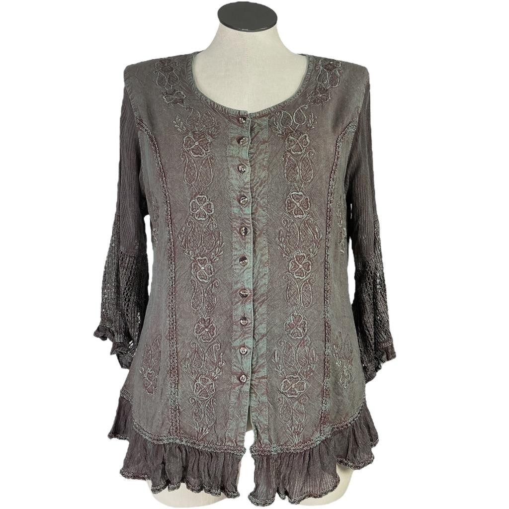 BRAJA Top Womens 1L Brown Bell Sleeve Embroidered Fairycore Gypsy Boho Festival