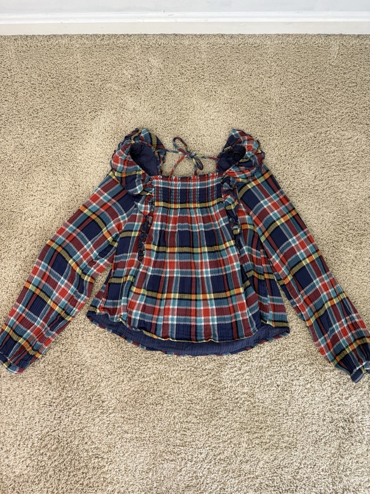 We the FREE PEOPLE New Siena Plaid Pullover TOP Small Babydoll Teal Country $118
