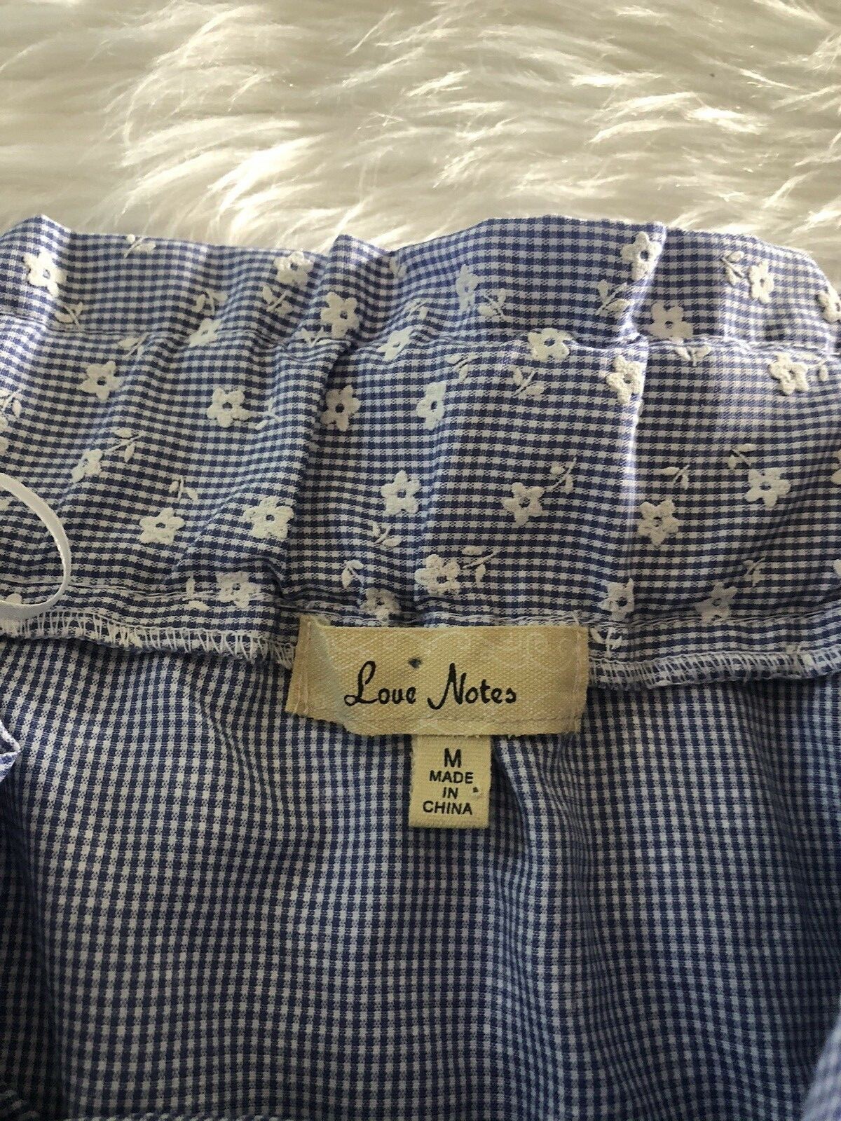 Love Notes Women’s Off The Shoulder Top – Blue – Plaid With Flowers – M