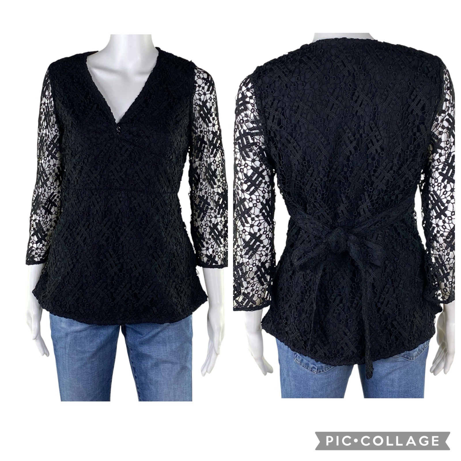 Anne Fontaine Paris Designer Black Lace Shirt Blouse 3/4 Sleeve FR 40 US 8