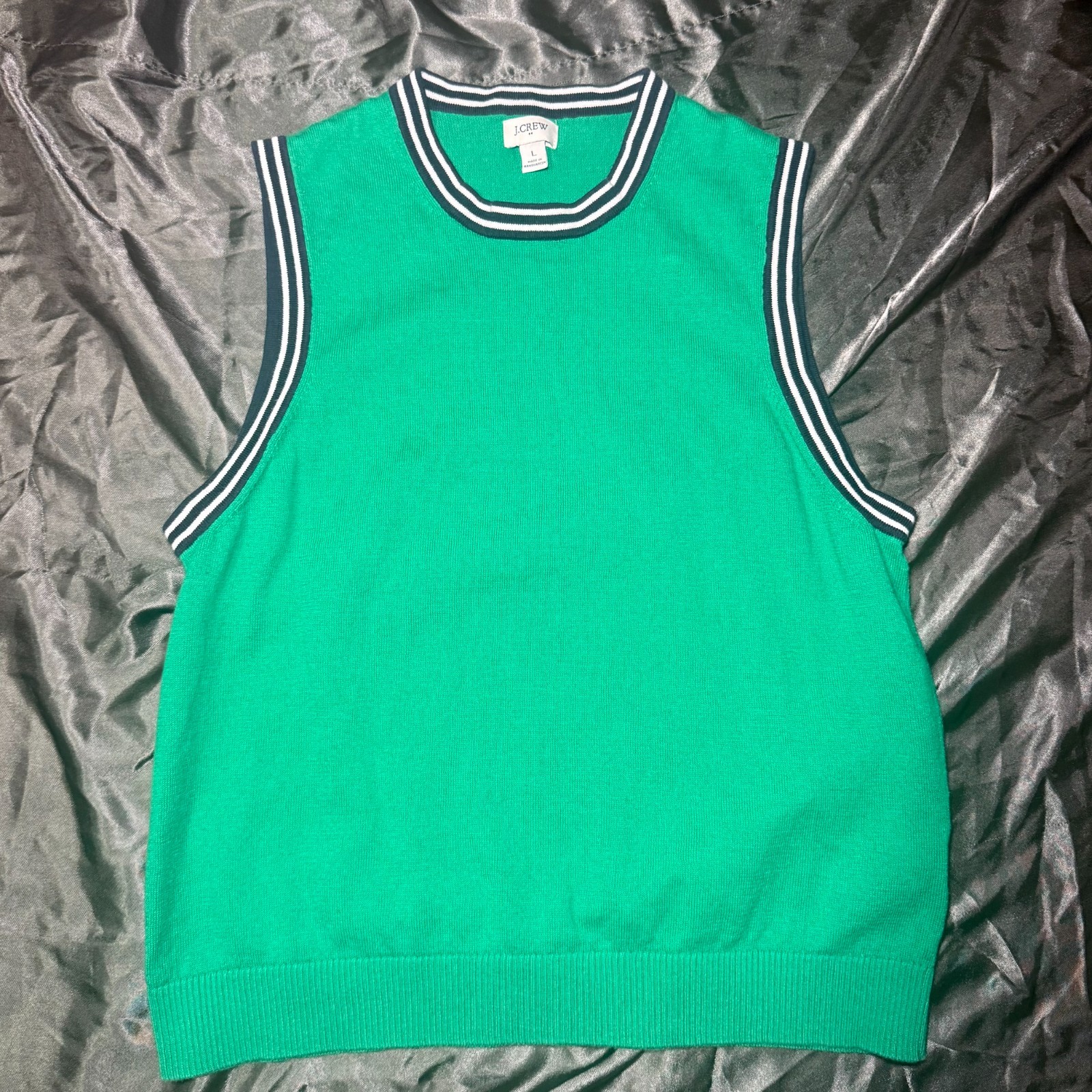 J.Crew Factory Contrast Trim Sweater Shell Knit Top Tank Green Navy Large
