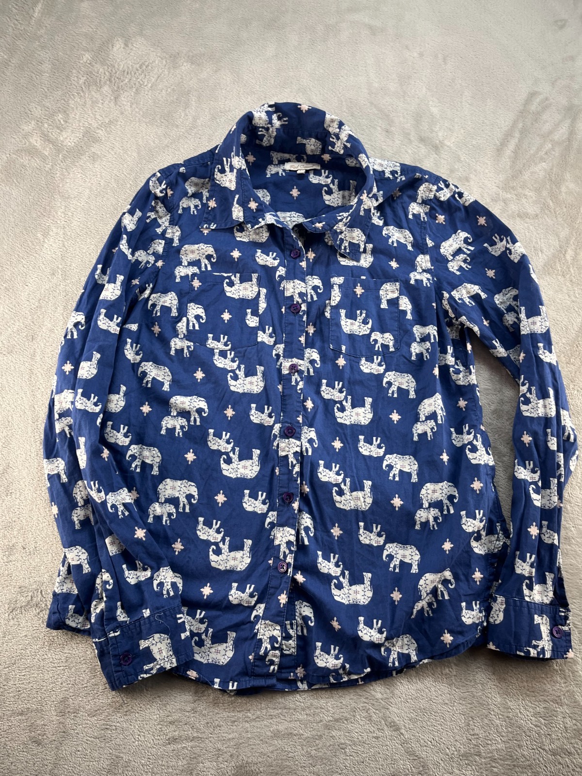 Red Camel Button Up Shirt Womens M Blue Elephant Print Long Sleeves Boho Novelty