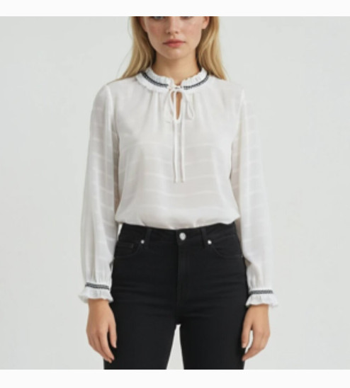 Talbots Ivory Striped Blouse M Victorian Tie Neck Black Ribbon Ruffle Sleeves