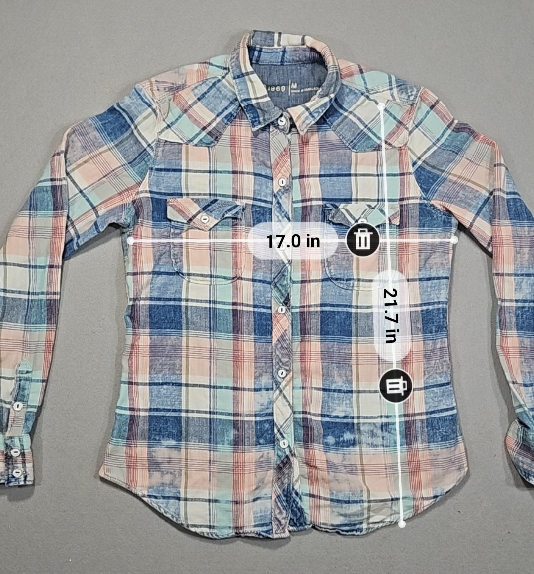 Gap 1969 Womens M Pink Blue Plaid Cotton Slim Western Snap Button Up Shirt