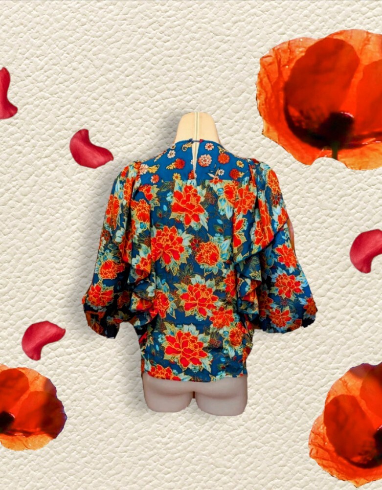 New BELLE VERE Colorful Floral Ruffle BOHO Top Shirt Dark Teal Orange Size Small