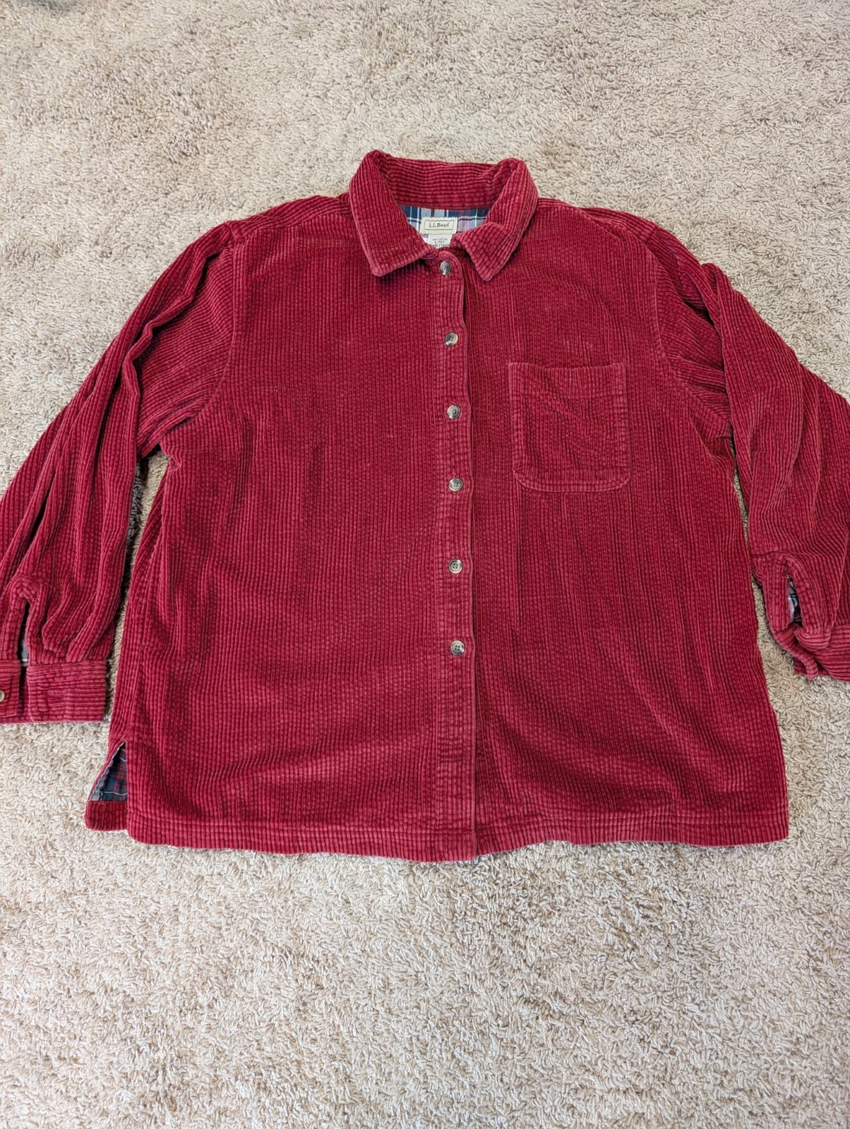 LL Bean Comfort Corduroy Petite Large Shirt Womens Red Flannel Lined Wale Jacket