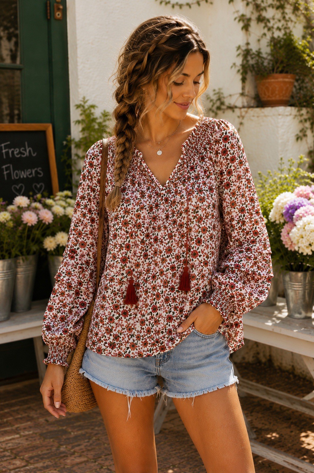 Old Navy Boho Floral Peasant Blouse S Cottagecore Tassel Hippie Festival YY24