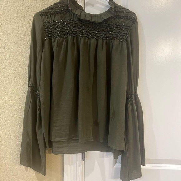 Love Sam beaded medium long sleeve top in army/olive green