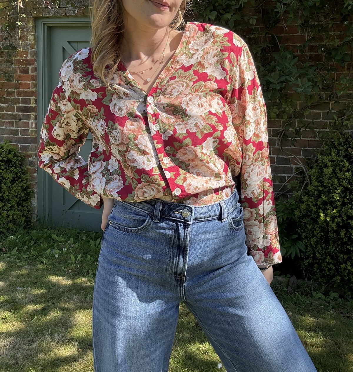 Vintage 80s Size M 8-12 Red Floral Long Sleeve Blouse Body Wrap