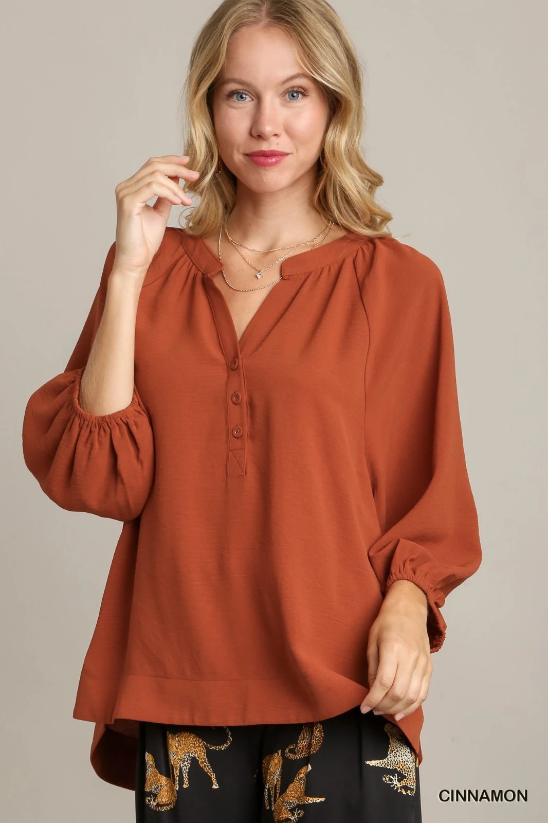 Umgee Cinnamon Notched Neckline Raglan Sleeve High Low Hem Blouse Top
