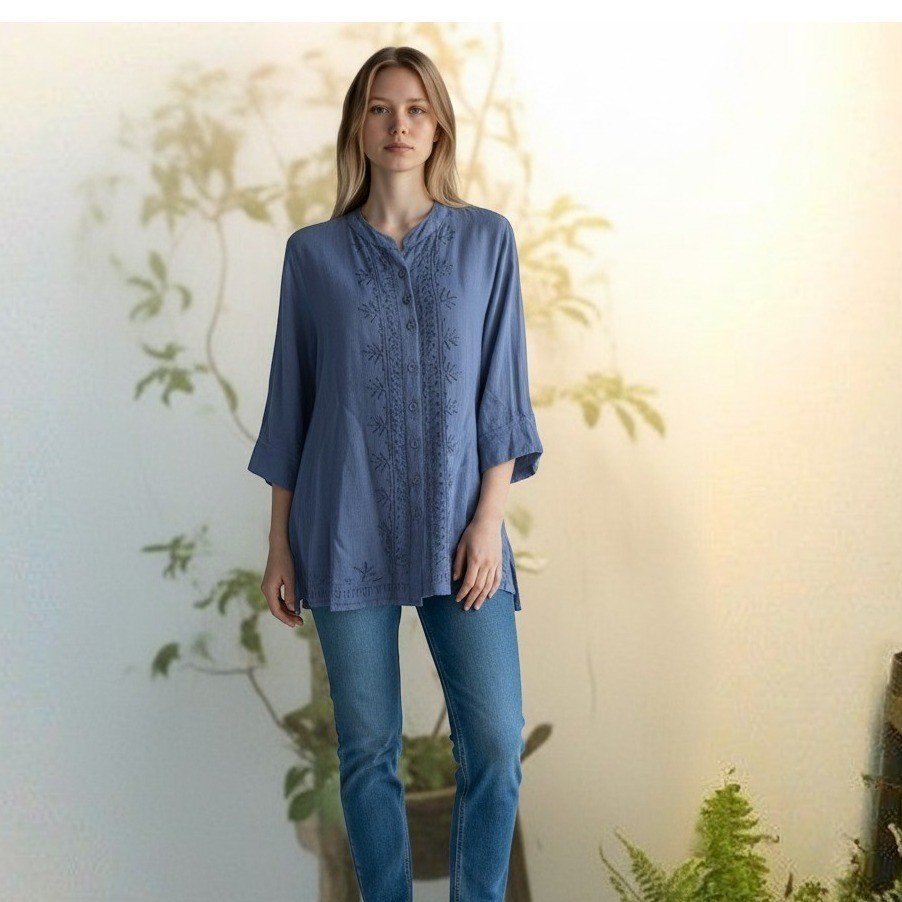 Parsley and Sage Embroidered Tunic Women Med Blue Bell Sleeve High-Low Boho Top