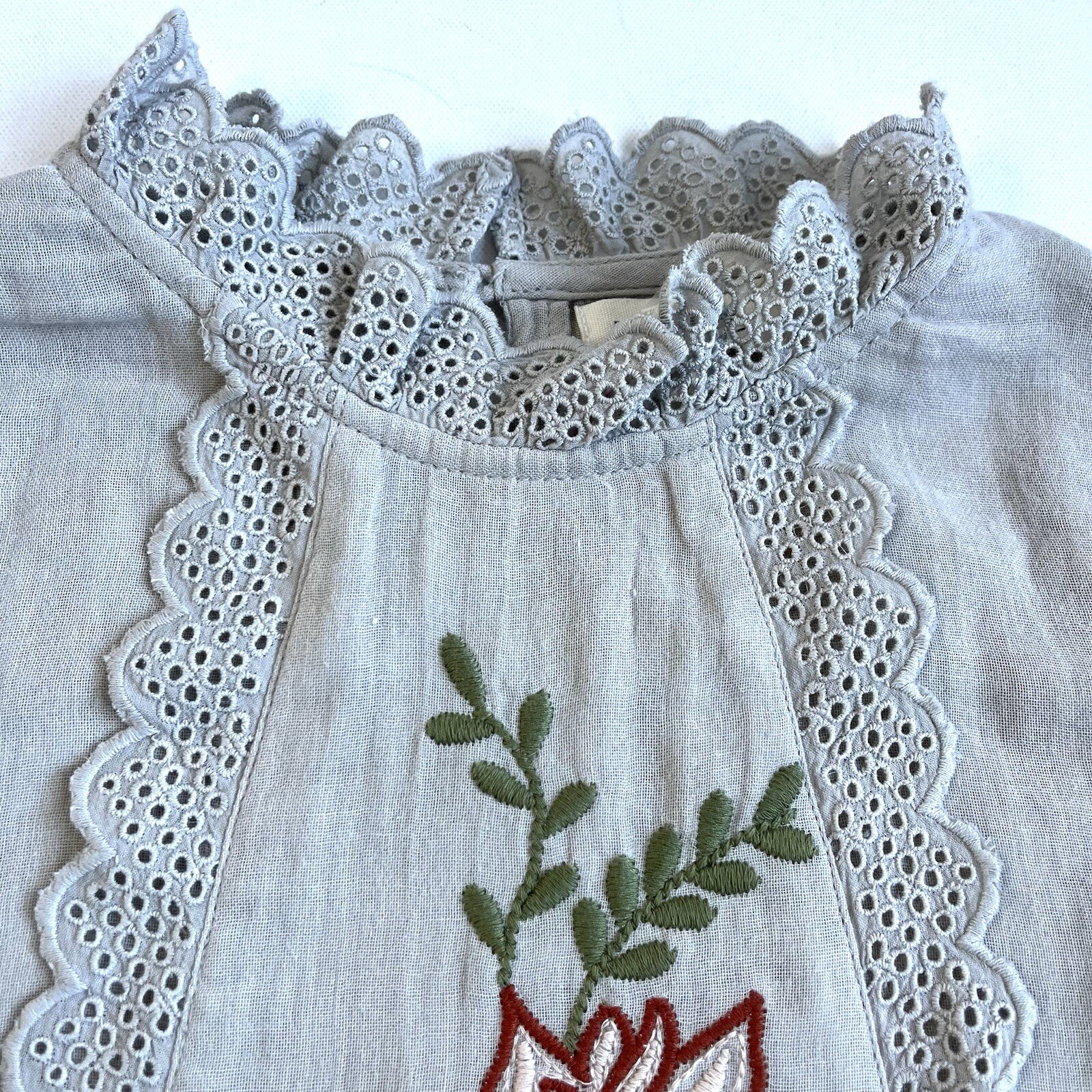 ROOLEE SIZE Small Taupe Cotton Embroidered Long Sleeve Blouse