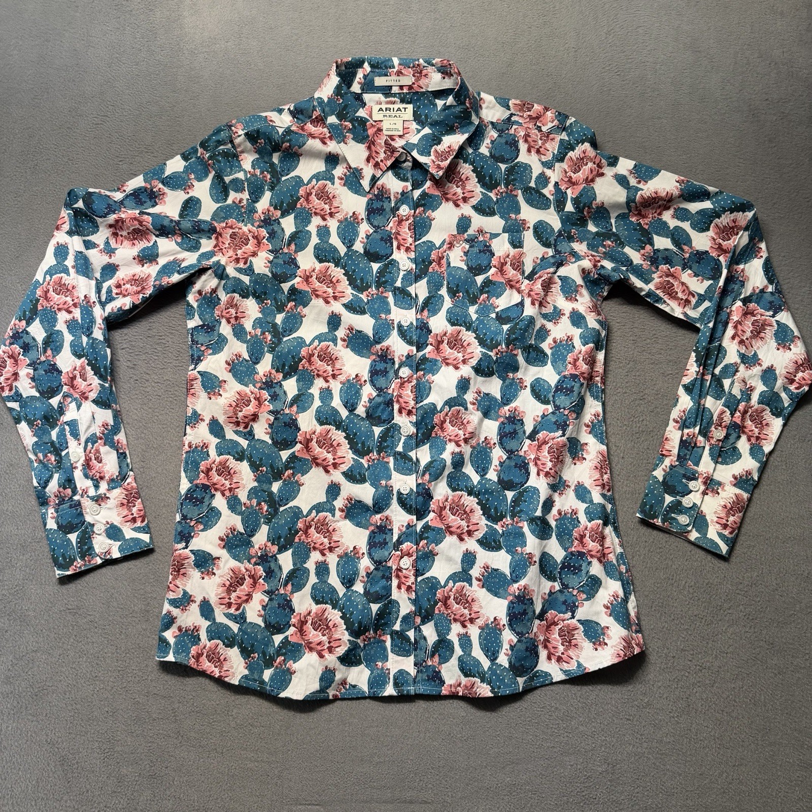Ariat Real Womens L Fitted Cowgirl Western Shirt Button Up Blue Pink Cactus