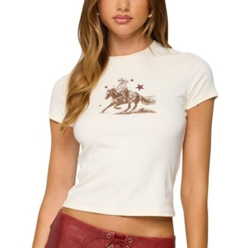 Edikted Cowgirl Horse Graphic Baby Tee Cream Western Y2K XS NEW
