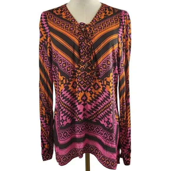 Hale Bob X-Small Multi Color Print All Viscose Blouse Long Sleeves Tie Placard
