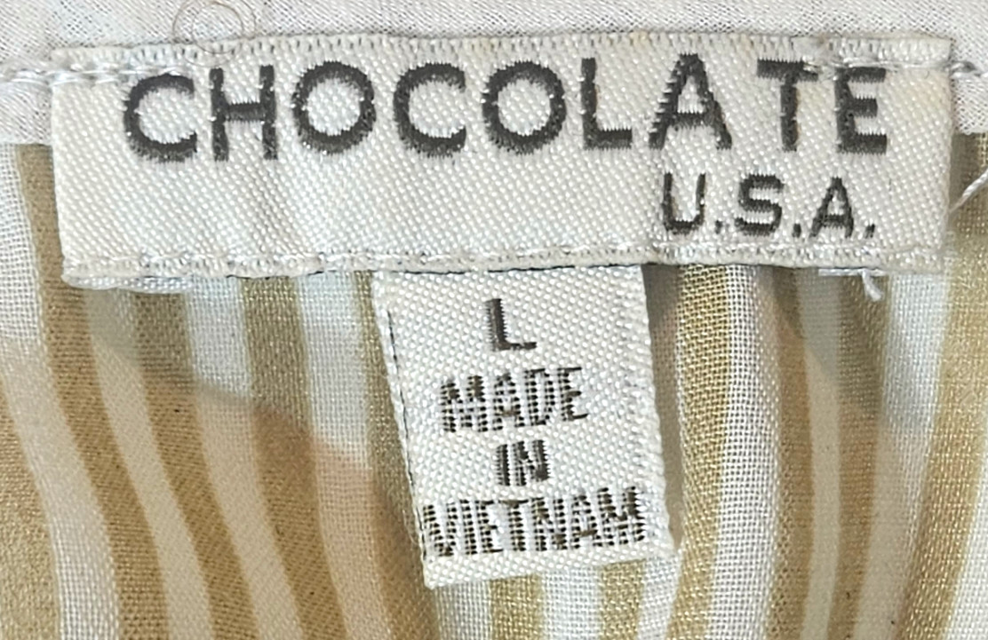 Chocolate USA Blouse Size Large Gold Cream Stripped Sheer Open Tulip Back Button