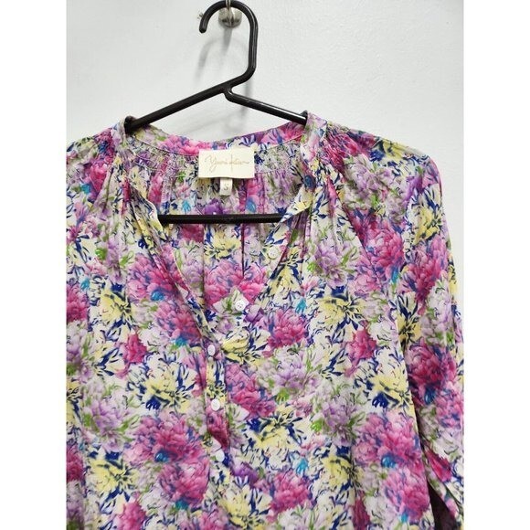 Yumi Kim Womens Silk Blouse Top Small Purple Floral Popover Long Sleeve Cottage
