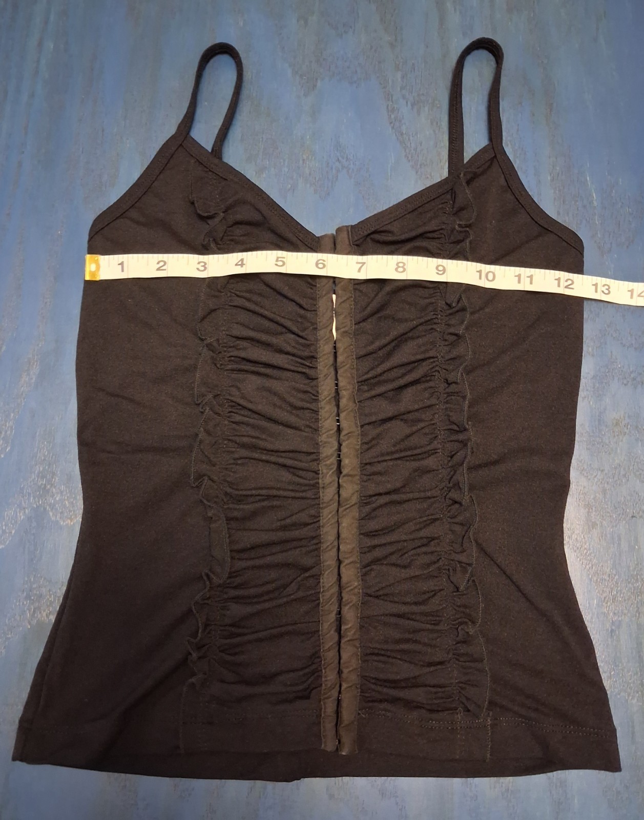 Vtg Y2K XOXO Black Corset Tank Top M Ruched Hook & Eye Ruffle Cami Whimsygoth
