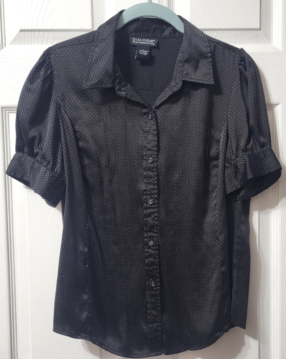 Dialogue Blouse Womens S Black Poka Dot Silk Collared Top Short Sleeve Button Up