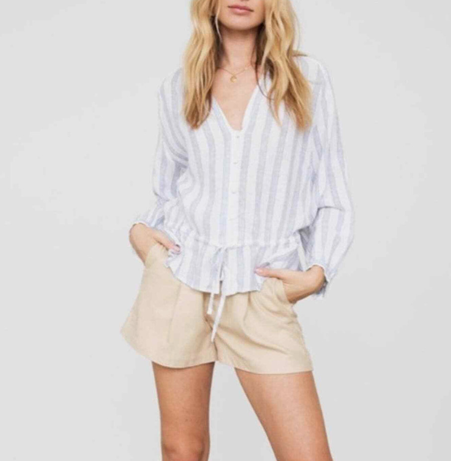 Rails Marti Cayman Stripe Linen blend Peplum Hem Blouse, size M, long sleeve