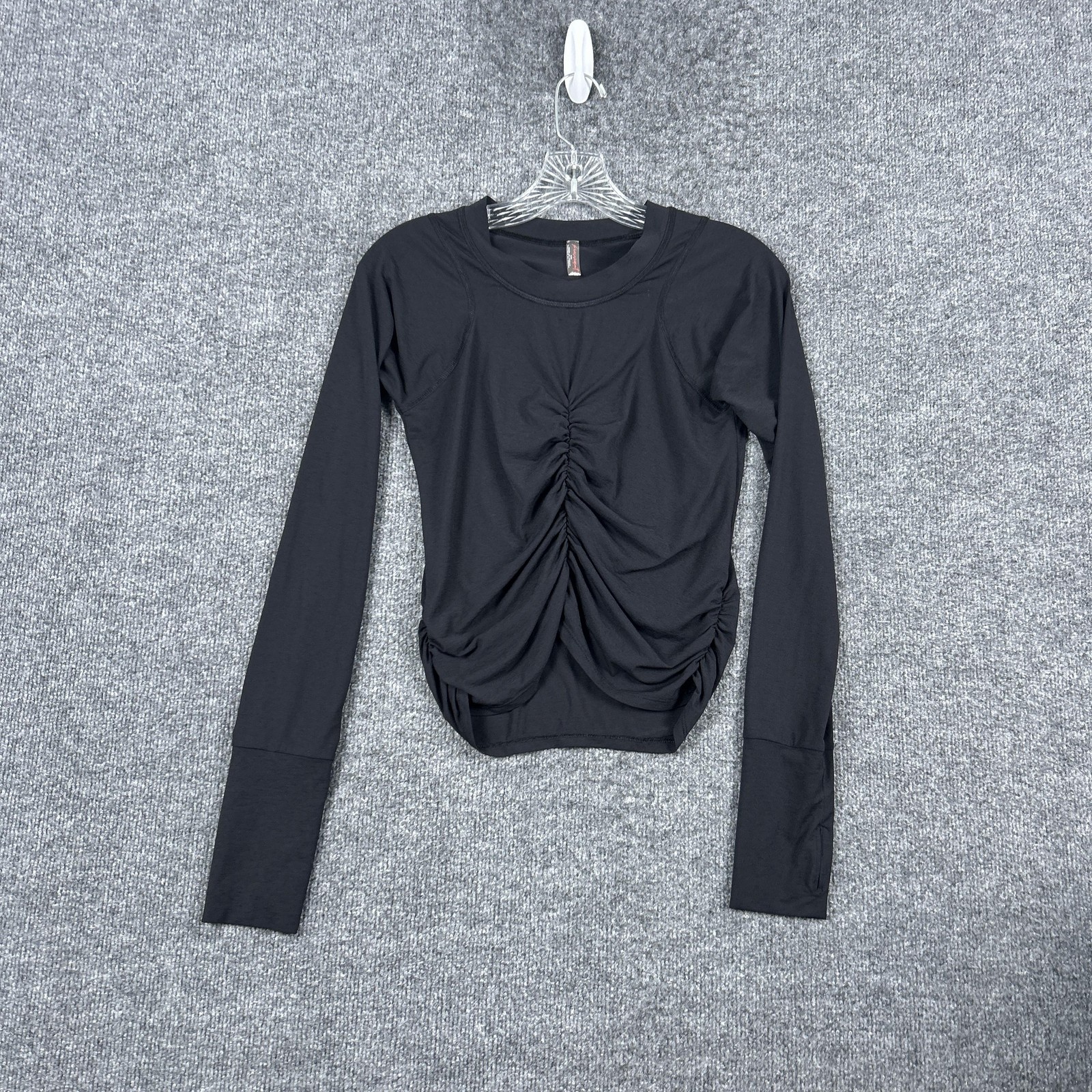 FP Movement Shirt Womens Medium Black Ruched Front Long Sleeve Stretch Tee Top
