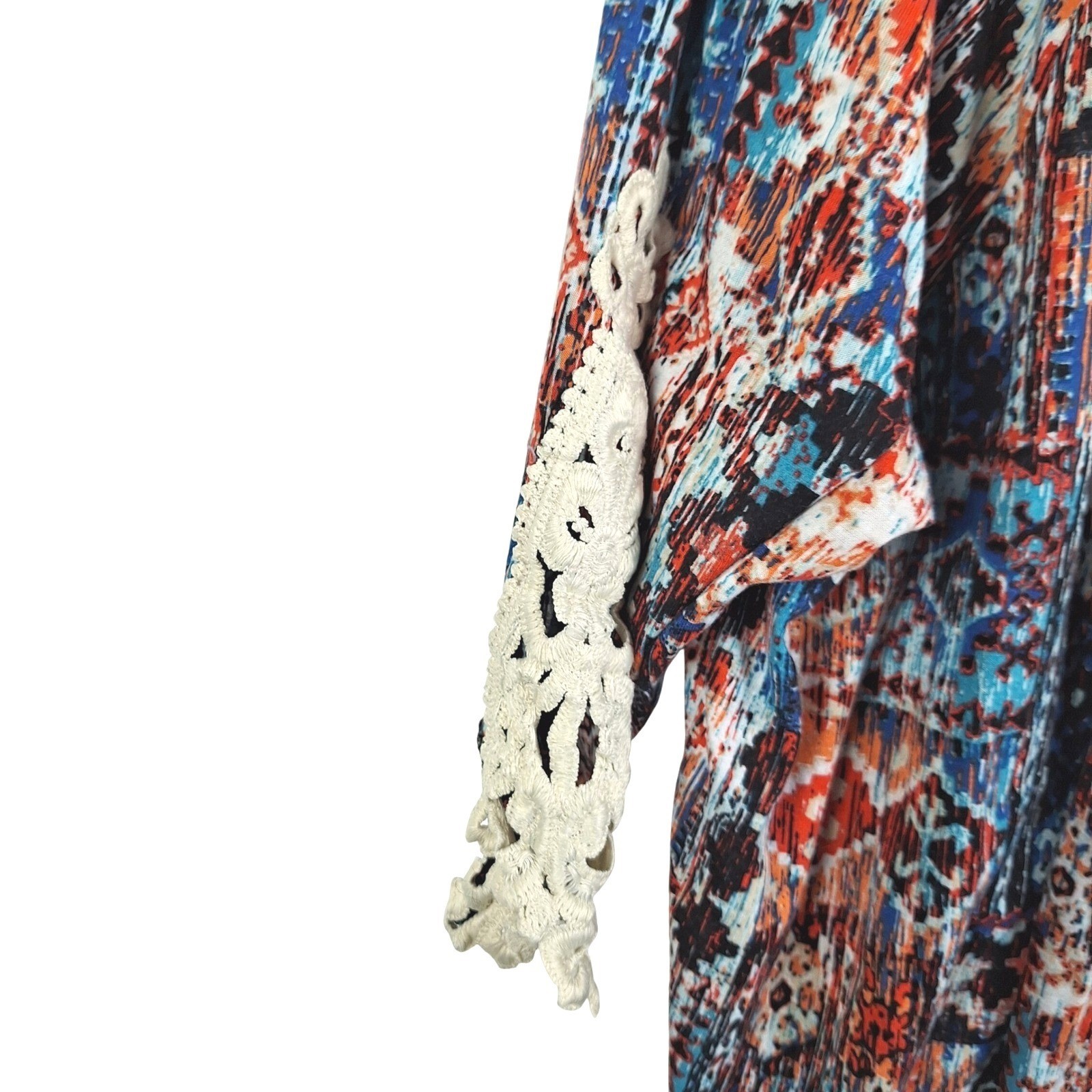 Boho Geometric Ikat Print Tie Front Top with Crochet Lace Sleeves Blue Orange XL