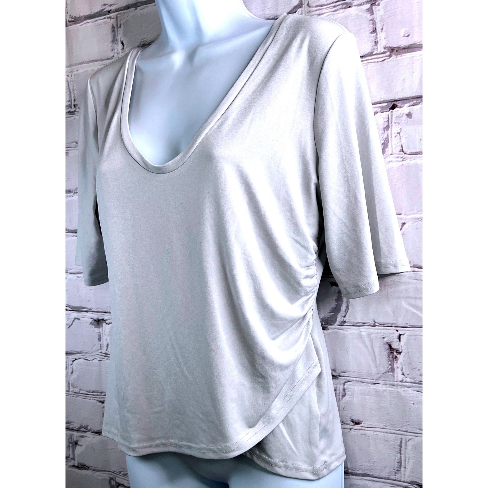 Leith Blouse Ruching Light Gray Top L Womens Faux Wrap V Neck Short Sleeve Work